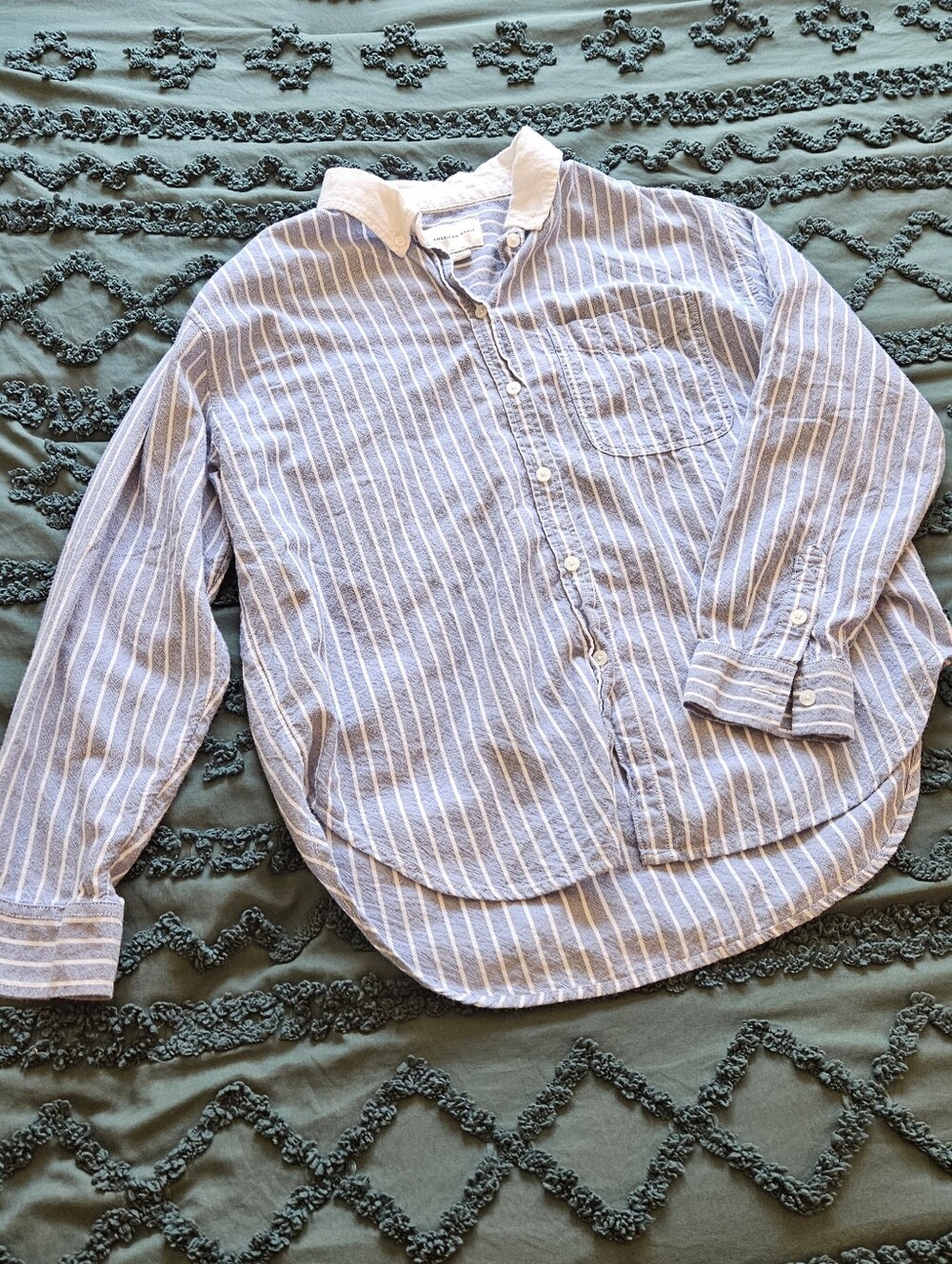 American Eagle Outfitters Light Blue & White Striped Button-Down Shirt